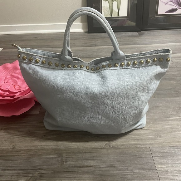 Borse in Pelle Handbags - BORSE IN PELLE Large Soft Italian Sauvage Leather Tote Bag Studs Blue D-Rings